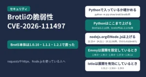 Brotliの脆弱性CVE-2026-111497。Brotli本体は1.0.10・1.1.1・1.2.1で直った。Pythonではpython -m pip show brotli brotlicffiで入っているか確かめ、Brotliは1.2.1以降、brotlicffiは1.2.1.0以降に上げる。nodejs.orgで配っているNode.jsはnode -vで確かめ、22.23.4・24.22.1・26.12.1以降に上げる。Linuxのディストリビューションから入れたNode.jsは、ディストリビューションのbrotliのパッケージを確かめる。EnvoyはBrotliの展開を設定しているとき1.40.0・1.39.3・1.38.6・1.37.8・1.36.12、IstioはBrotliの展開を有効にしているとき1.31.2・1.30.6・1.29.9に上げる