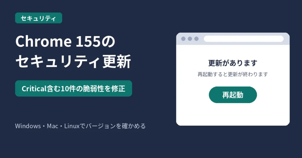 Chrome 155のセキュリティ更新のアイキャッチ。Critical含む10件の脆弱性の修正と、再起動ボタンのある更新画面のイメージ