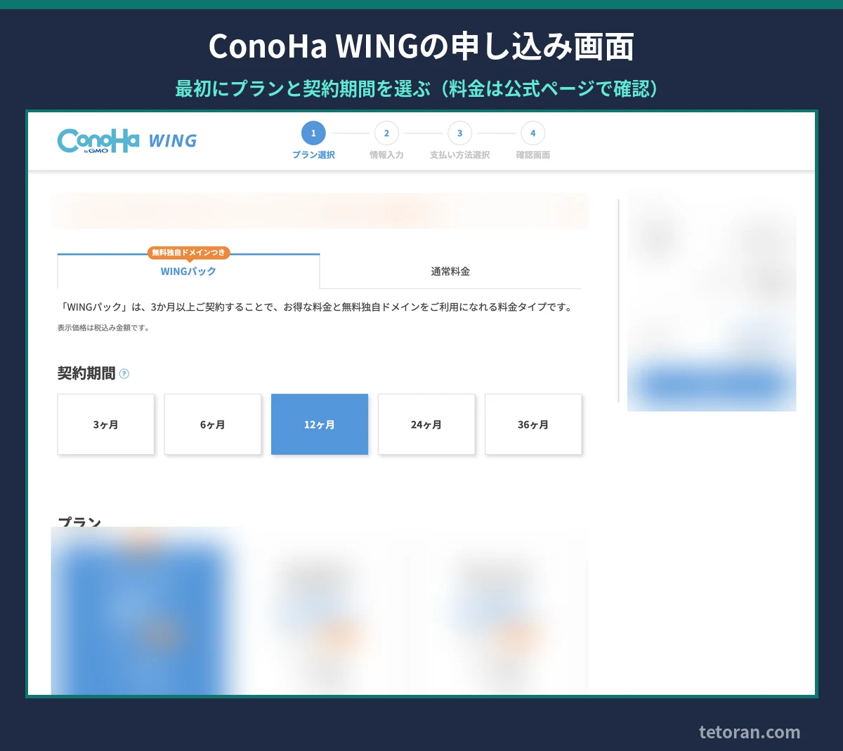 ConoHa WINGの申し込み画面(プランと契約期間を選ぶ画面、料金部分はぼかし)