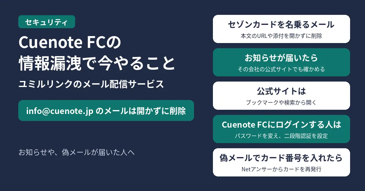 ユミルリンクのメール配信サービスCuenote FCの情報漏洩で、今やること。info@cuenote.jpから届いたメールは、本文のURLや添付ファイルを開かずに削除する。セゾンカードを名乗るメールも同じ。会社からお知らせが届いたら、その会社の公式サイトで同じ内容の発表があるか確かめる。公式サイトは、メールのリンクではなく、ブラウザーのブックマークや検索から開く。Cuenote FCなど、ユミルリンクのサービスにログインして使っている人は、パスワードを変え、二段階認証を設定する。偽メールのリンクからカード番号などを入れてしまったら、Netアンサーの「カードの紛失・再発行」からカードを再発行する。お知らせや、偽メールが届いた人へ