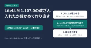 LiteLLM 1.107.0が改ざんされていた件のアイキャッチ。2026年10月21日20:39〜23:20（日本時間）にpipやDockerで入れた・動かした環境が対象。1. 入れたか確かめる（不正なファイル・イメージのダイジェスト・裏のプロセス）、2. 不正なファイルを消して1.106.2で環境を作り直す、3. APIキー・IAMロール・パスワードなどの鍵を作り直す、の流れを示す図