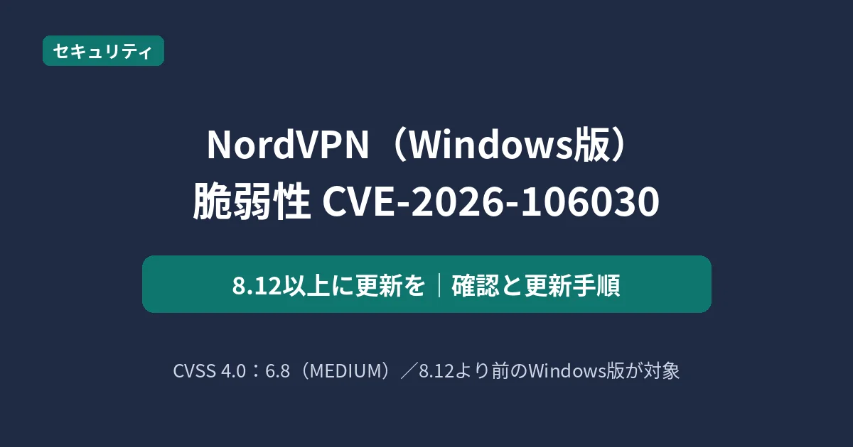 NordVPN Windows版の脆弱性CVE-2026-106030について8.12以上への更新を呼びかける記事のアイキャッチ