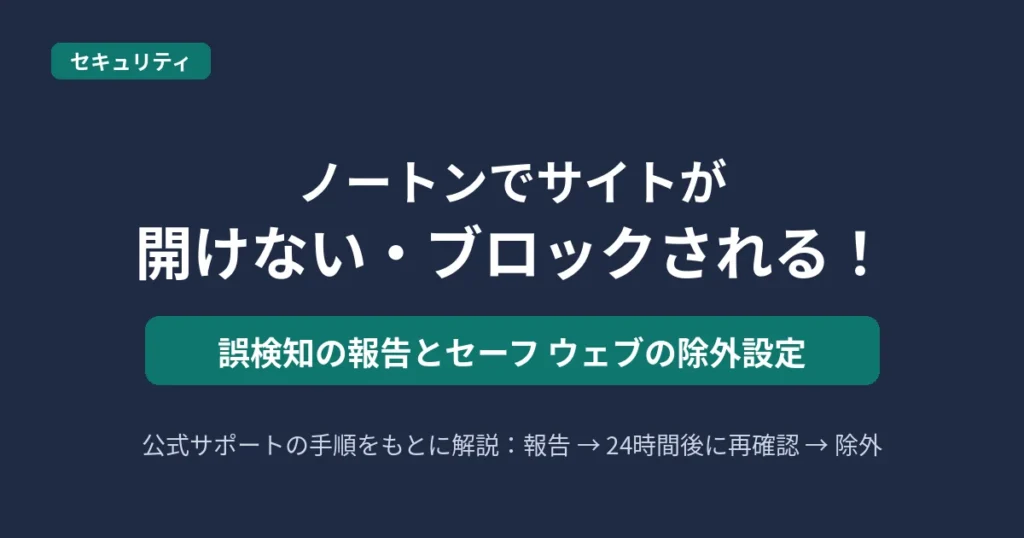 ノートンでサイトが開けない・ブロックされるときの誤検知の報告とセーフ ウェブの除外設定を解説する記事のアイキャッチ画像