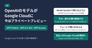 OpenAIのモデルがGoogle CloudのModel Gardenに入った件のアイキャッチ。今はプライベートプレビューで、モデルはGPT-6 Astra・GPT-6.1 Sol・GPT-6 Luna。2026年10月21日にGoogleとOpenAIが発表、今は一部の企業の顧客だけでGoogle Cloudのアカウントがあるだけでは使えない、使いたい企業はフォームで関心を伝える（送っても使えるとはかぎらない）、支払いはGoogle Cloud Marketplaceを通してGoogle Cloudの請求にまとまる、の4つを示す図