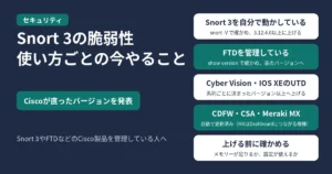 Snort 3の脆弱性、使い方ごとの今やること。Ciscoが直ったバージョンを発表した。Snort 3を自分で動かしている人は、snort -V でバージョンを確かめ、3.12.4.0以上に上げる。FTDを管理している人は、show version で確かめ、記事の表の直ったバージョンへ上げる。Cyber VisionとCisco IOS XEのUTDは、系列ごとに決まったバージョン以上へ上げる。CDFWとCSAは自動で更新されていて、Meraki MXもオンラインでMeraki Dashboardにつながっている機種は自動で更新されている。上げる前に、機器のメモリーが足りるか、今のハードウェアと設定が新しいバージョンでも使えるかを確かめる。Snort 3やFTDなどのCisco製品を管理している人へ