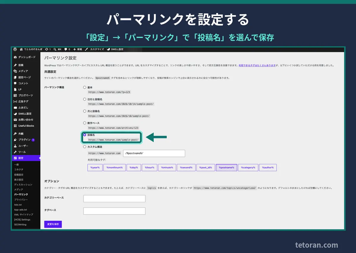WordPressの「設定」→「パーマリンク」画面で「投稿名」を選ぶところ