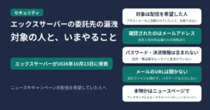エックスサーバーの委託先「ブラストメール」の情報漏洩を説明する記事のアイキャッチ。エックスサーバーが2026年10月23日に発表。対象はニュースやキャンペーン情報の配信を希望しブラストメールに登録されていた人で全員ではない、漏洩が確認されたのはメールアドレスで氏名と会社名は漏れた可能性あり、パスワード・決済情報・住所・電話番号はリストに含まれない、メールのURLや添付ファイルは開かずパスワードも入力しない、本物かはブックマークからエックスサーバーのニュースページを開いて確かめる、の5つを示す図
