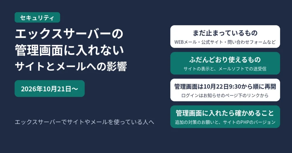 エックスサーバーの管理画面に入れない件のアイキャッチ。2026年10月21日から一時停止。WEBメール・公式サイト・問い合わせフォームなどはまだ止まっている。サイトの表示とメールソフトでの送受信はふだんどおり使える。管理画面は10月22日9:30から順に再開し、ログインはお知らせのページ下のリンクから。管理画面に入れたら、追加の対策のお願いとサイトのPHPのバージョンを確かめる、の4つを示す図